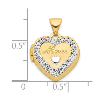 14k Yellow Gold  White Rhodium Crystal 16mm MOM Heart Locket Pendant for Women