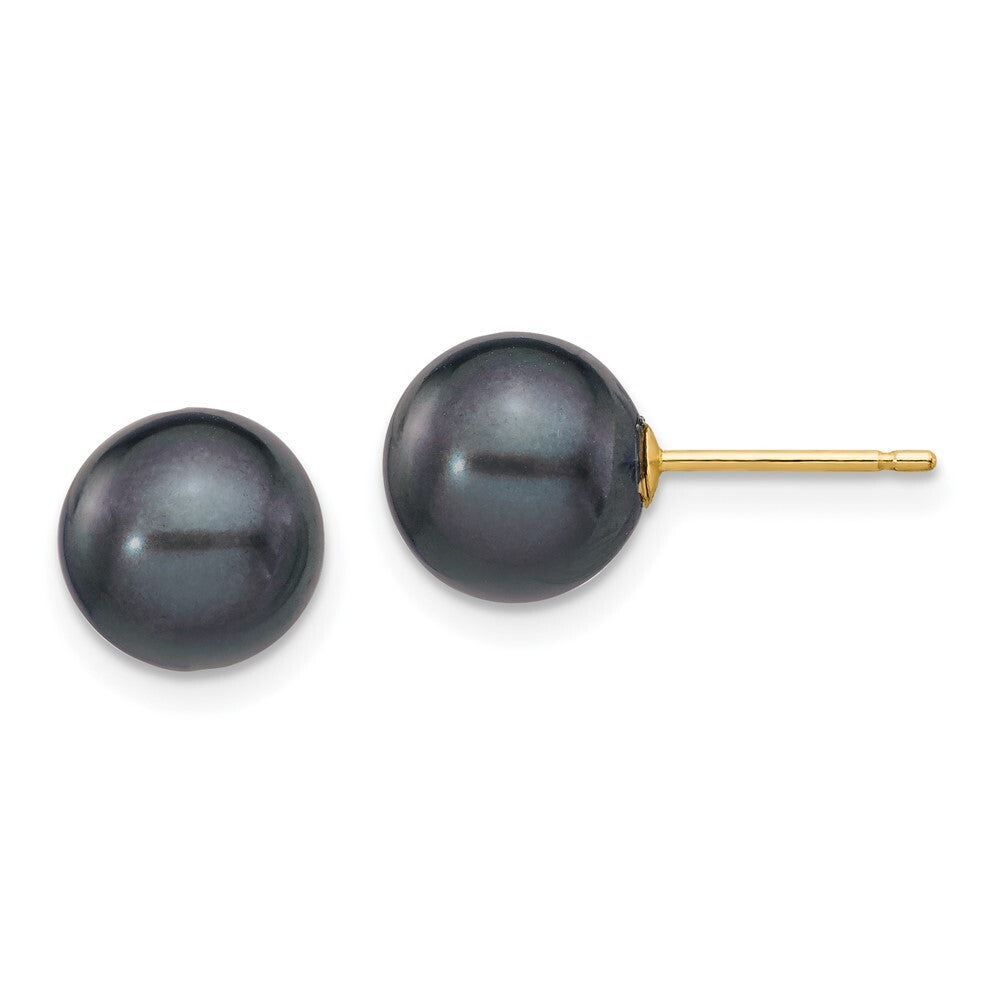 14k Yellow Gold 8-9mm Black Round Freshwater Cultured Pearl Stud Earrings