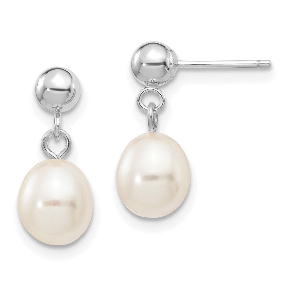 14k White Gold 6-7mm White Rice Freshwater Cultured Pearl Dangle Earrings
