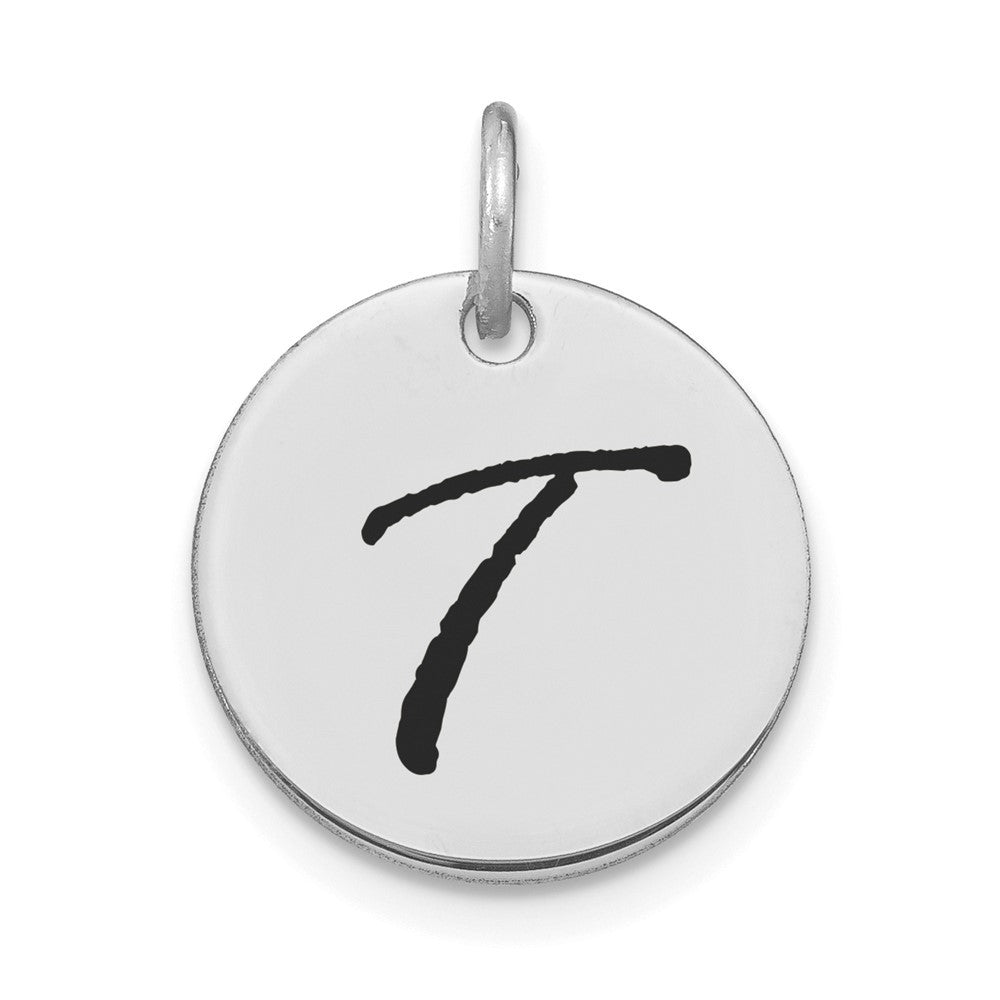14K White Polished Black Enamel Letter T Initial Disk Charm