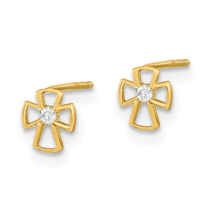 14k Gold Polished Set of Ball Cross & Cubic Zirconia Stud Earrings 3 Pair Set