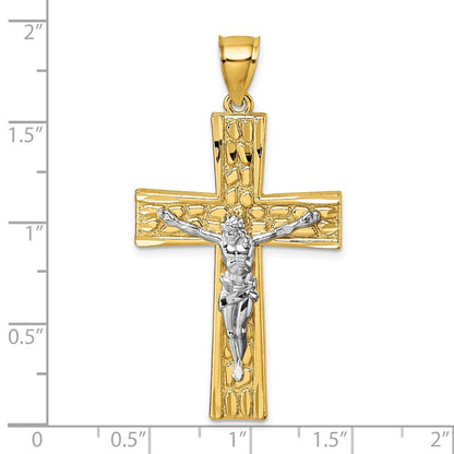 14k Yellow Gold Polished with Rhodium Diamond-cut Nugget Crucifix Pendant