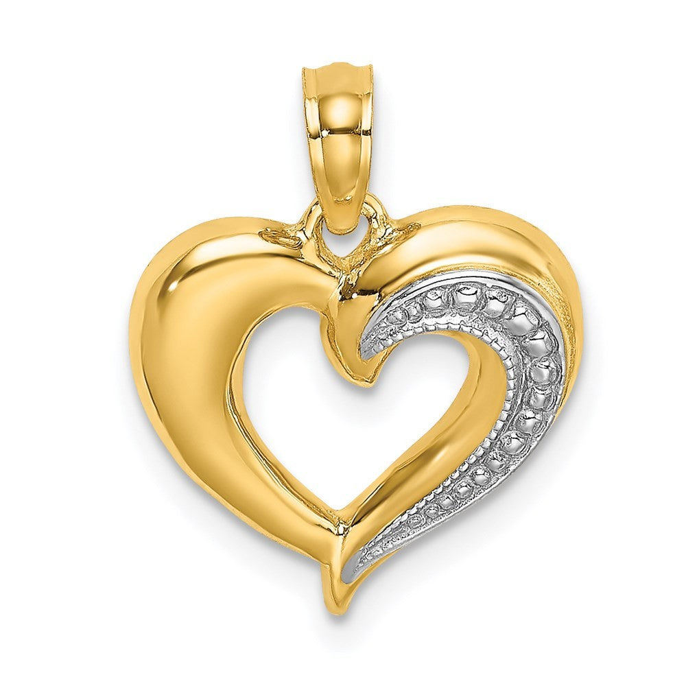 14k Yellow Gold and White Rhodium Polished and Textured Heart Charm