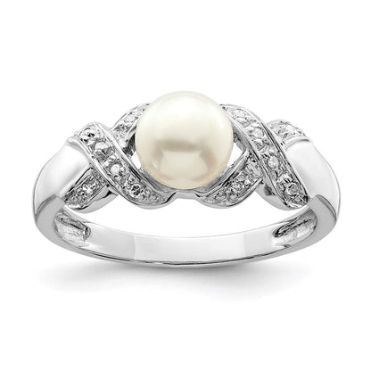 Sterling Silver Rhodium 6mm FW Cultured Button Pearl Ring Size 6