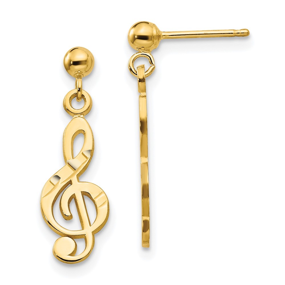 14k Yellow Gold Polished & Diamond-Cut Treble Clef Dangle Earrings