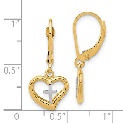 14K Two-tone Polished Cross in Heart Drop Dangle Dangle Earrings