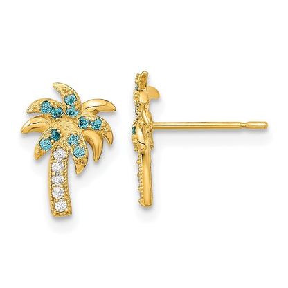 14k Yellow Gold Blue & Clear CZ Palm Tree Earrings