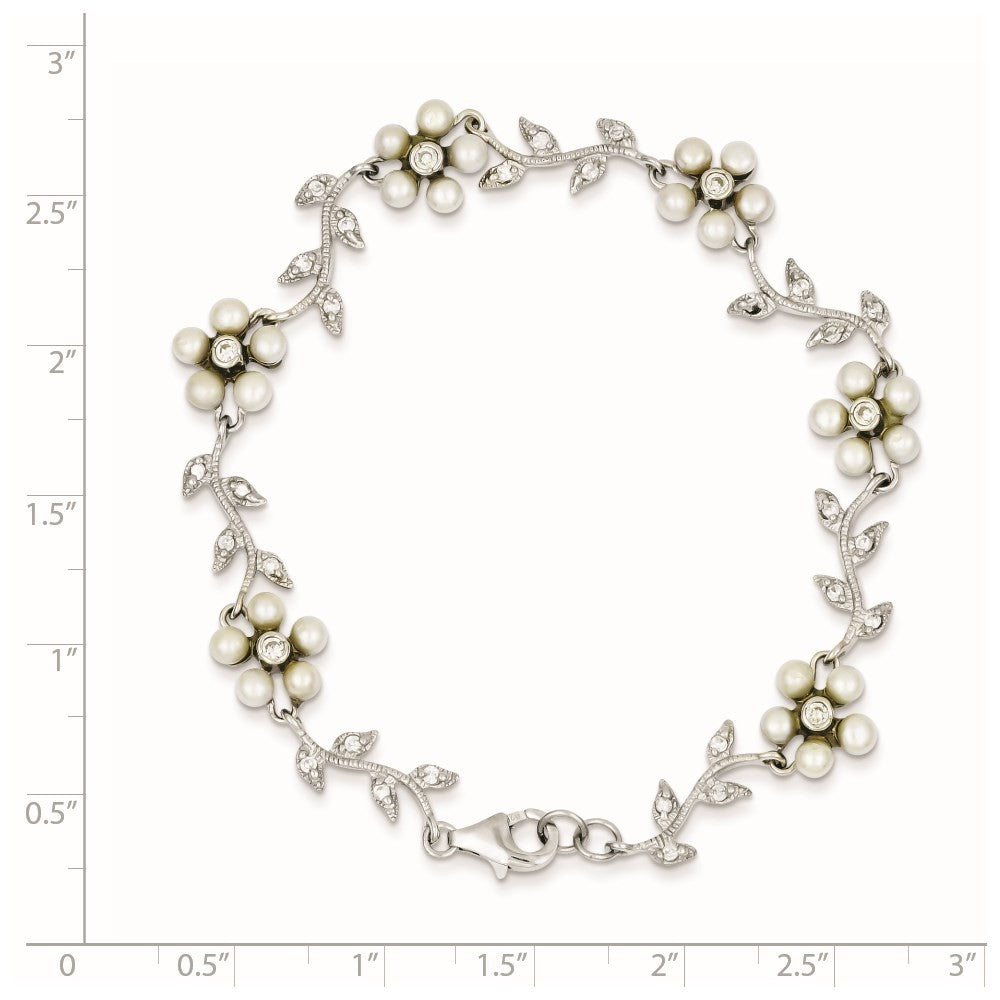 Sterling Silver Rhodium-plated CZ Vine Pattern Cultured Pearl Floral 7" Bracelet