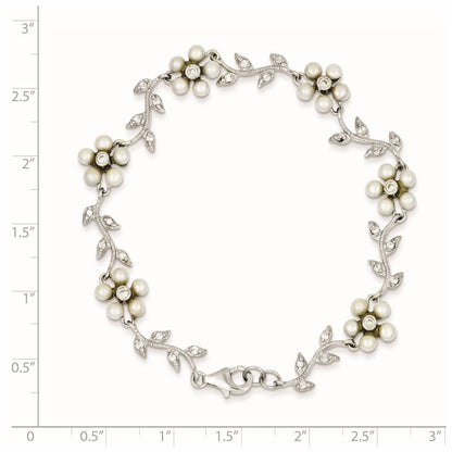 Sterling Silver Rhodium-plated CZ Vine Pattern Cultured Pearl Floral 7" Bracelet