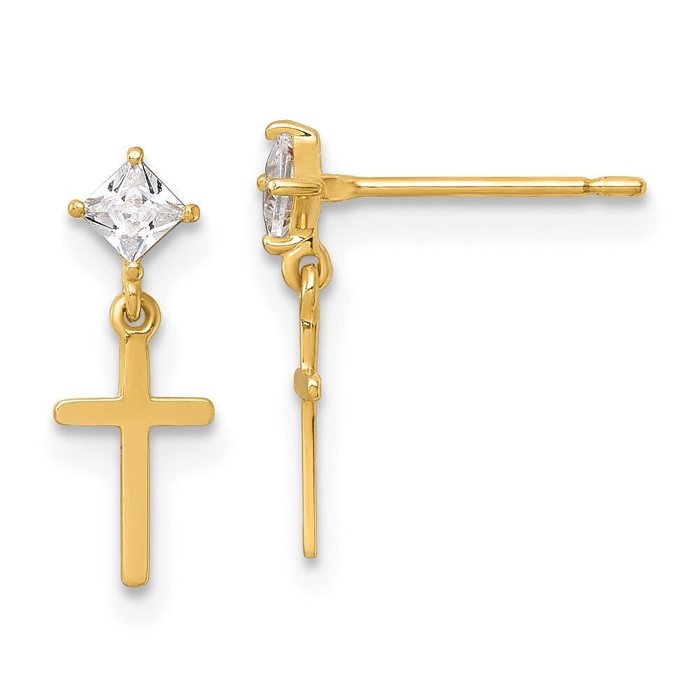 14k Yellow Gold Polished Cubic Zirconia Cross Dangle Earrings Gift for Women