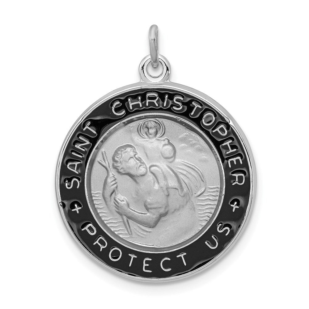 Sterling Silver Rhodium-plated Enameled St. Christopher Medal Pendant