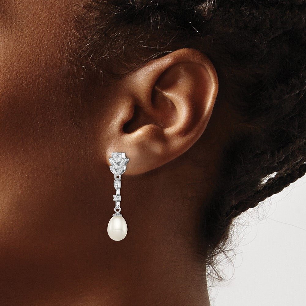 Sterling Silver Teardrop Cultured Pearl & Cubic Zirconia Post Dangle Earrings
