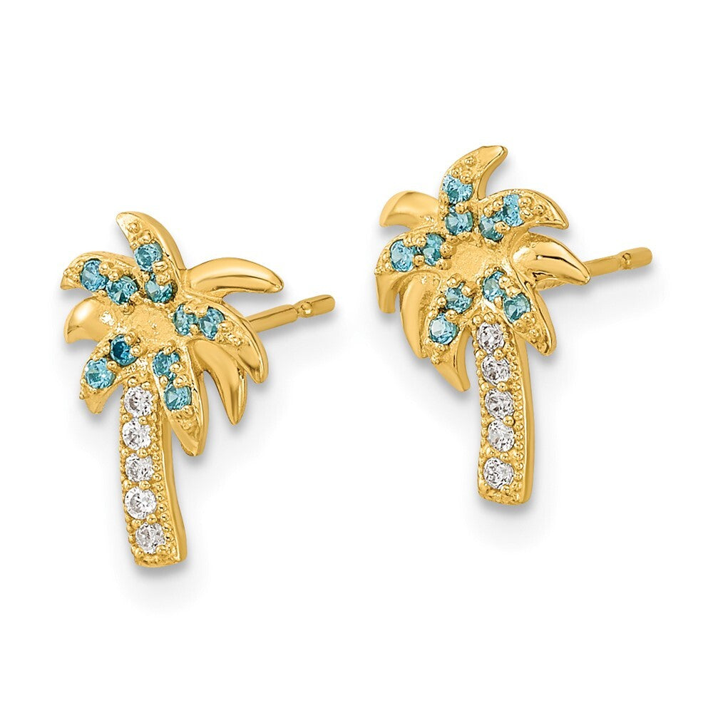 14k Yellow Gold Blue & Clear Cubic Zirconia Palm Tree Stud Earrings