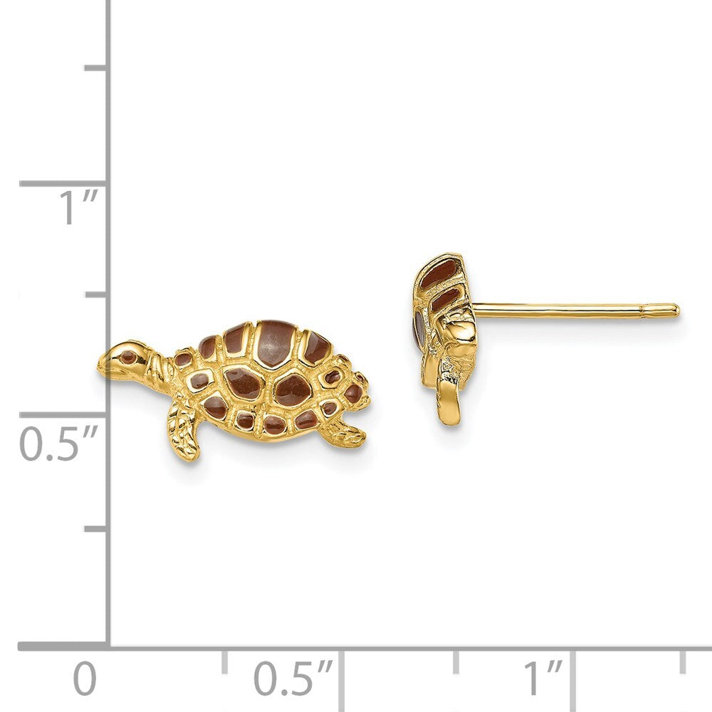 14k Yellow Gold Brown Enamel Turtle Stud Earrings Gift for Women