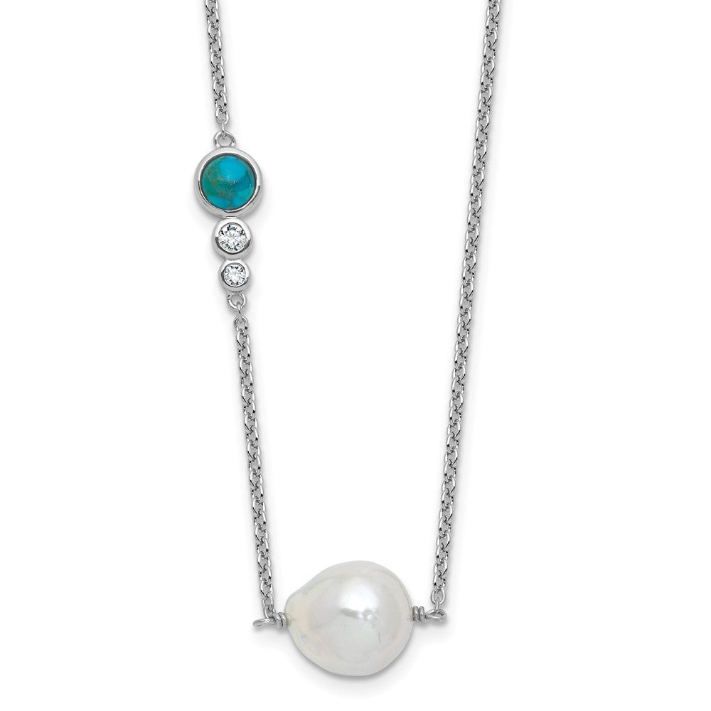 Sterling Silver CZ, Turquoise & Freshwater Cultured Pearl Necklace 16" w/ 2" Ext