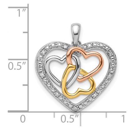 Sterling Silver Rhodium White, Yellow, & Rose Gold Plating Diamond Heart Pendant