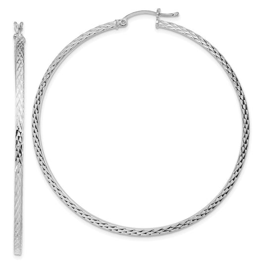 Sterling Silver Rhodium-plated Diamond-cut 2x60mm Square Tube Hoop Earrings
