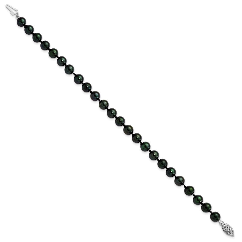 14k White Gold 6-7mm Black Round Saltwater Akoya Cultured Pearl 8 inch Bracelet