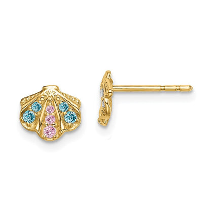 14k Yellow Gold Blue & Pink Cubic Zirconia Seashell Stud Earrings