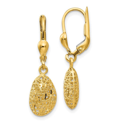 14k Yellow Gold Polished Diamond-cut Satin Puff Drop Dangle Earrings