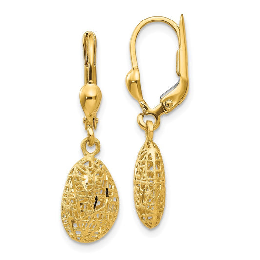 14k Yellow Gold Polished Diamond-cut Satin Puff Drop Dangle Earrings