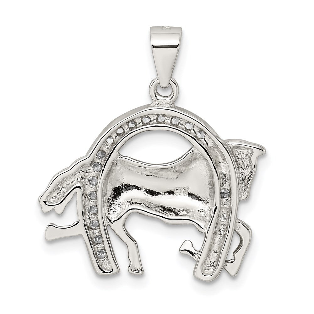 Sterling Silver Rhodium-plated Horse & Horseshoe Cubic Zirconia Pendant