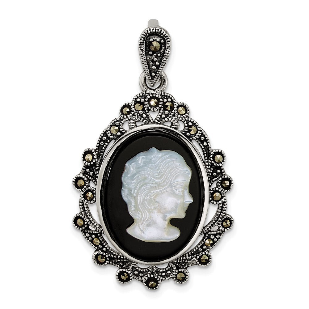 Sterling Silver Antiqued Marcasite Blk Agate and MOP Cameo Pendant