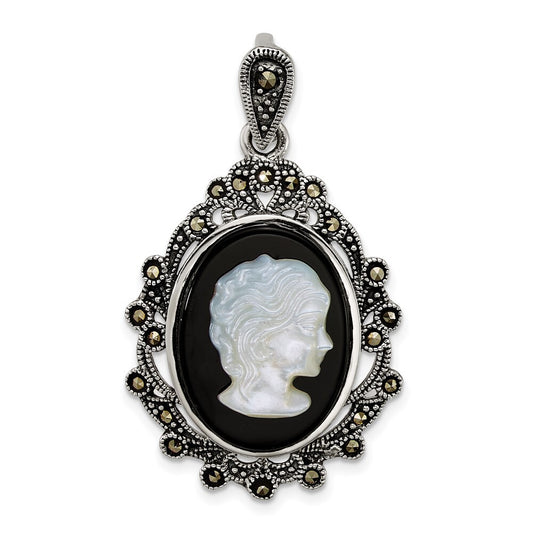 Sterling Silver Antiqued Marcasite Blk Agate and MOP Cameo Pendant