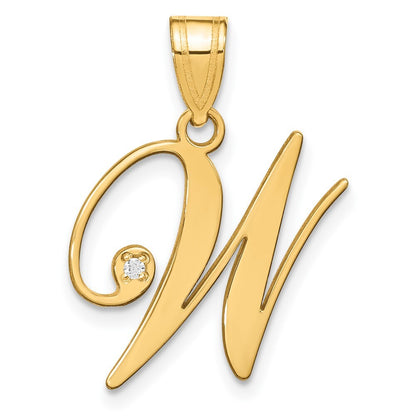 14k Yellow Gold Script Letter W Initial Pendant with Diamond for Women