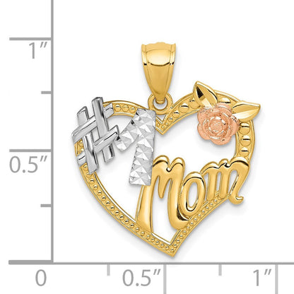14k Two-tone Gold White Rhodium #1 MOM Heart Pendant for Women