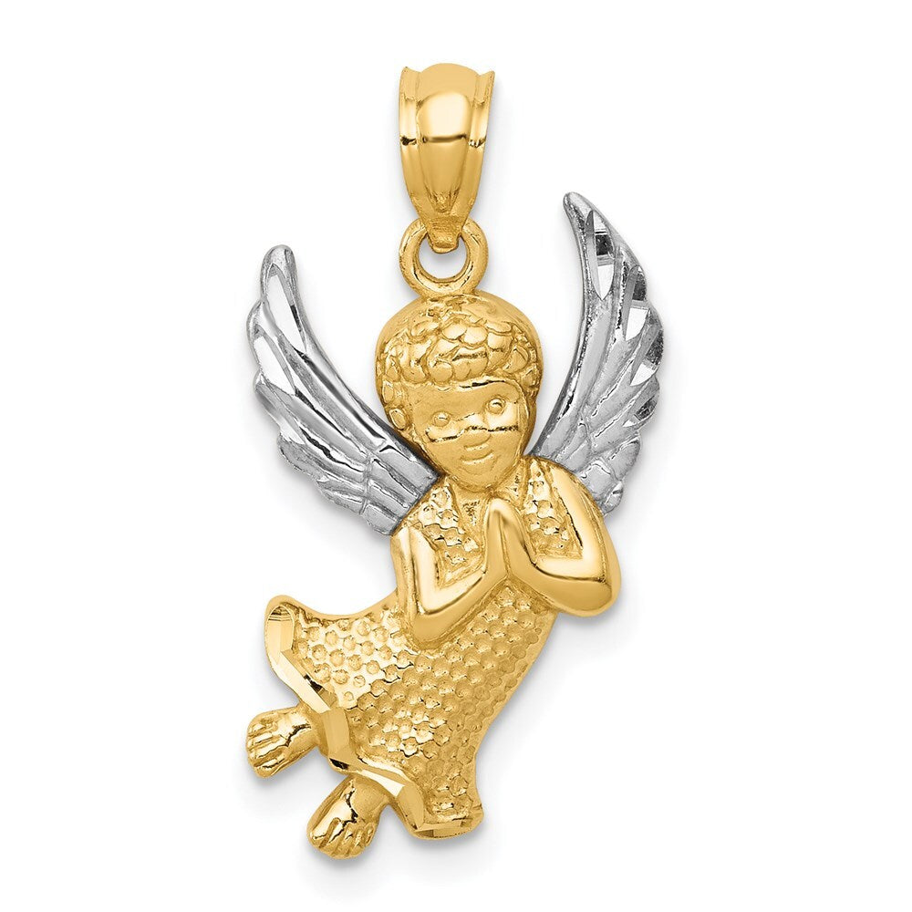 14k Yellow Gold Rhodium Diamond-cut Praying Angel Pendant for Women