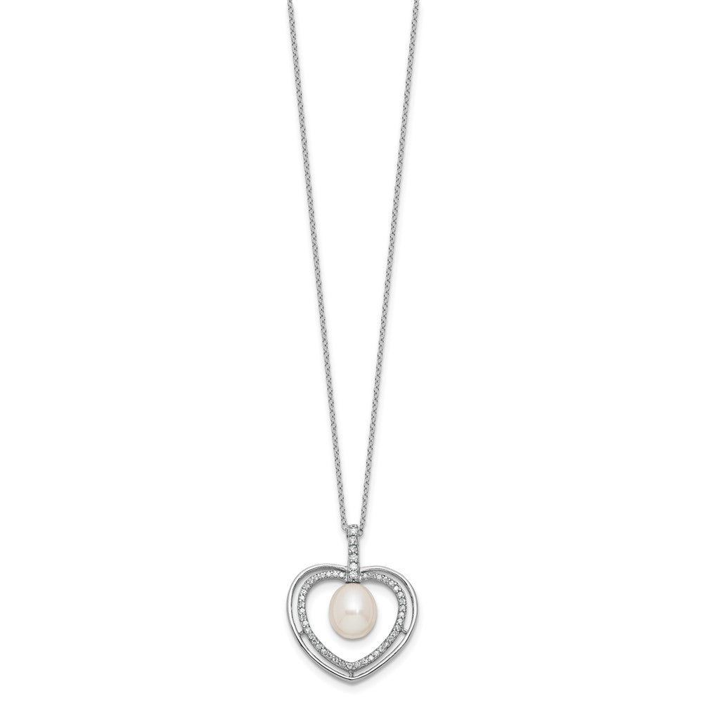 Sterling Silver 8mm Rice Freshwater Cultured Pearl & CZ Open Heart 17" Necklace
