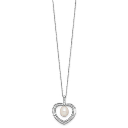 Sterling Silver 8mm Rice Freshwater Cultured Pearl & CZ Open Heart 17" Necklace