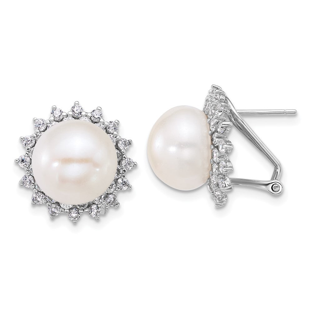 Sterling Silver 11-12mm Freshwater Cultured Pearl & CZ Halo Omega Back Earrings