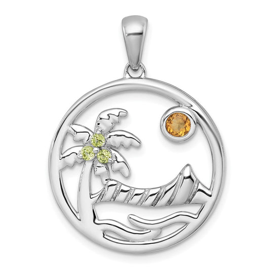 Sterling Silver Polished & Grooved Citrine & Peridot Beach Scene Circle Pendant