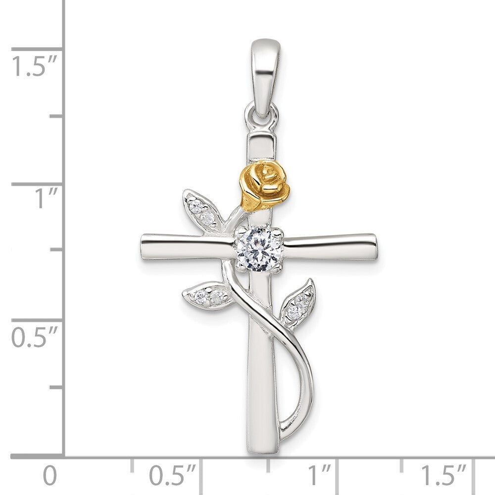 Sterling Silver Gold-tone Cubic Zirconia Cross with Rose Pendant