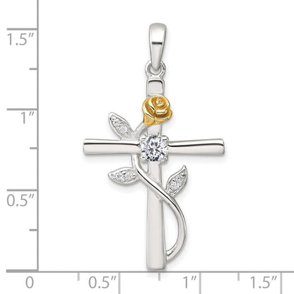 Sterling Silver Gold-tone Cubic Zirconia Cross with Rose Pendant