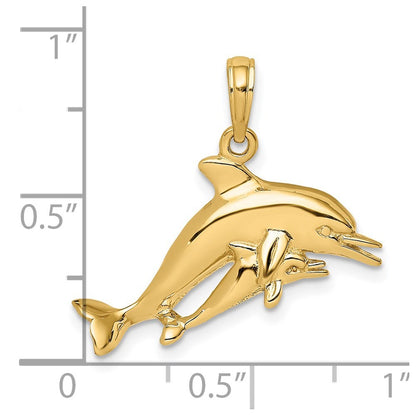 14k Yellow Gold 2-D Double Dolphins Swimming Charm
