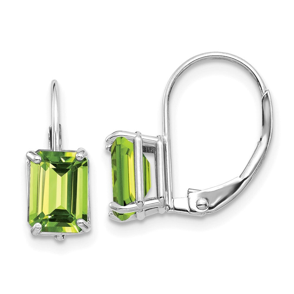 14k White Gold 7x5mm Emerald Cut Peridot Leverback Earrings Gift for Women