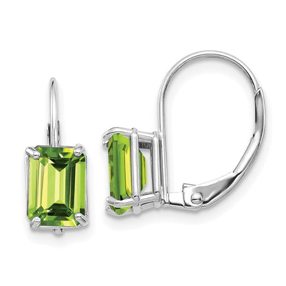 14k White Gold 7x5mm Emerald Cut Peridot Leverback Earrings Gift for Women