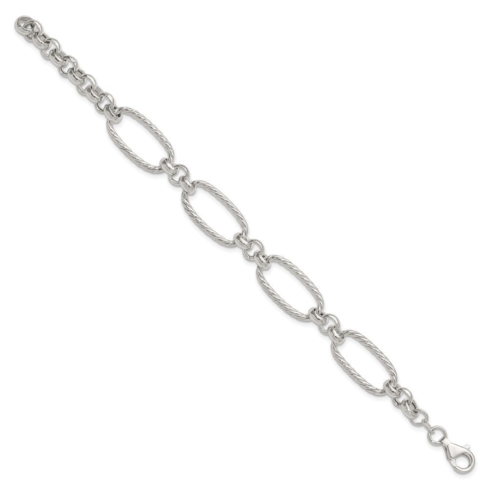 Sterling Silver Polished and Twisted Fancy Oval Link 7.5 inch Bracelet