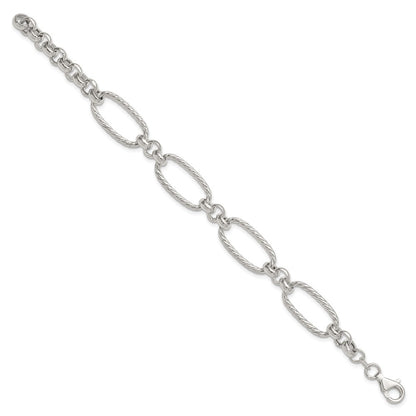 Sterling Silver Polished and Twisted Fancy Oval Link 7.5 inch Bracelet