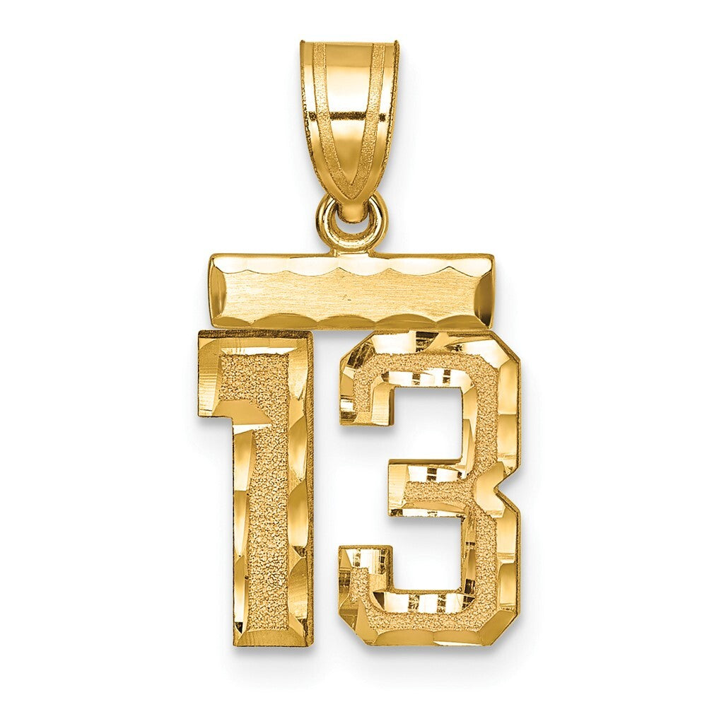 14k Yellow Gold Small Brushed Diamond-cut Number 13 Charm Pendant for Women