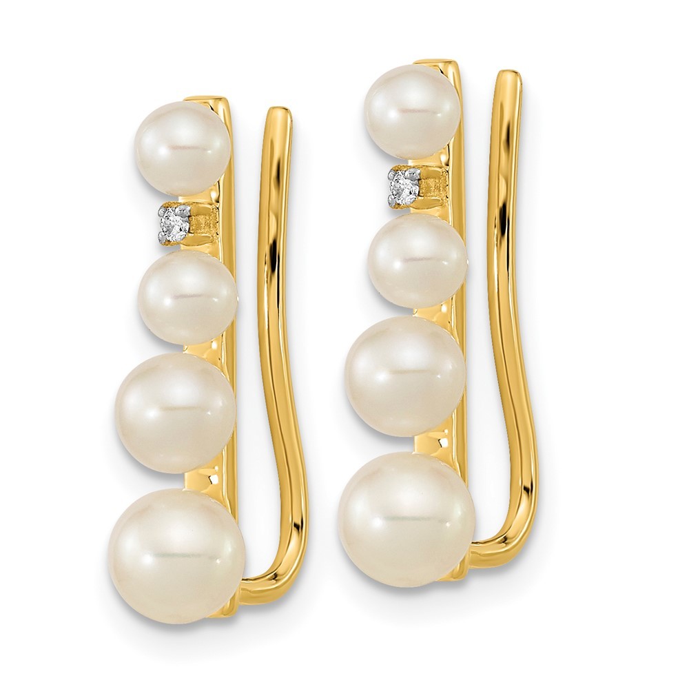 14k Yellow Gold 3-5mm FW Cultured Pearl .016ct Diamond Ear Climber Earrings