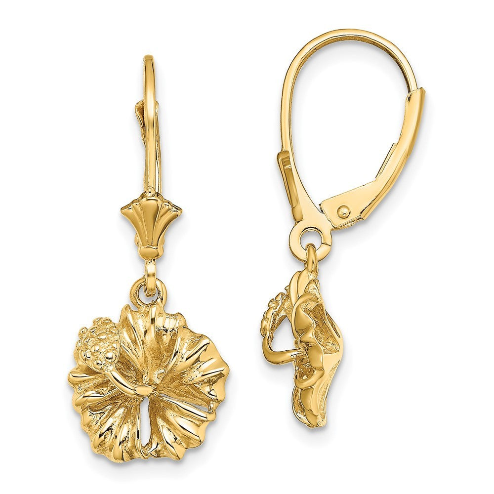 14k Yellow Gold 2-D Textured Hibiscus Flower Drop Dangle Earrings