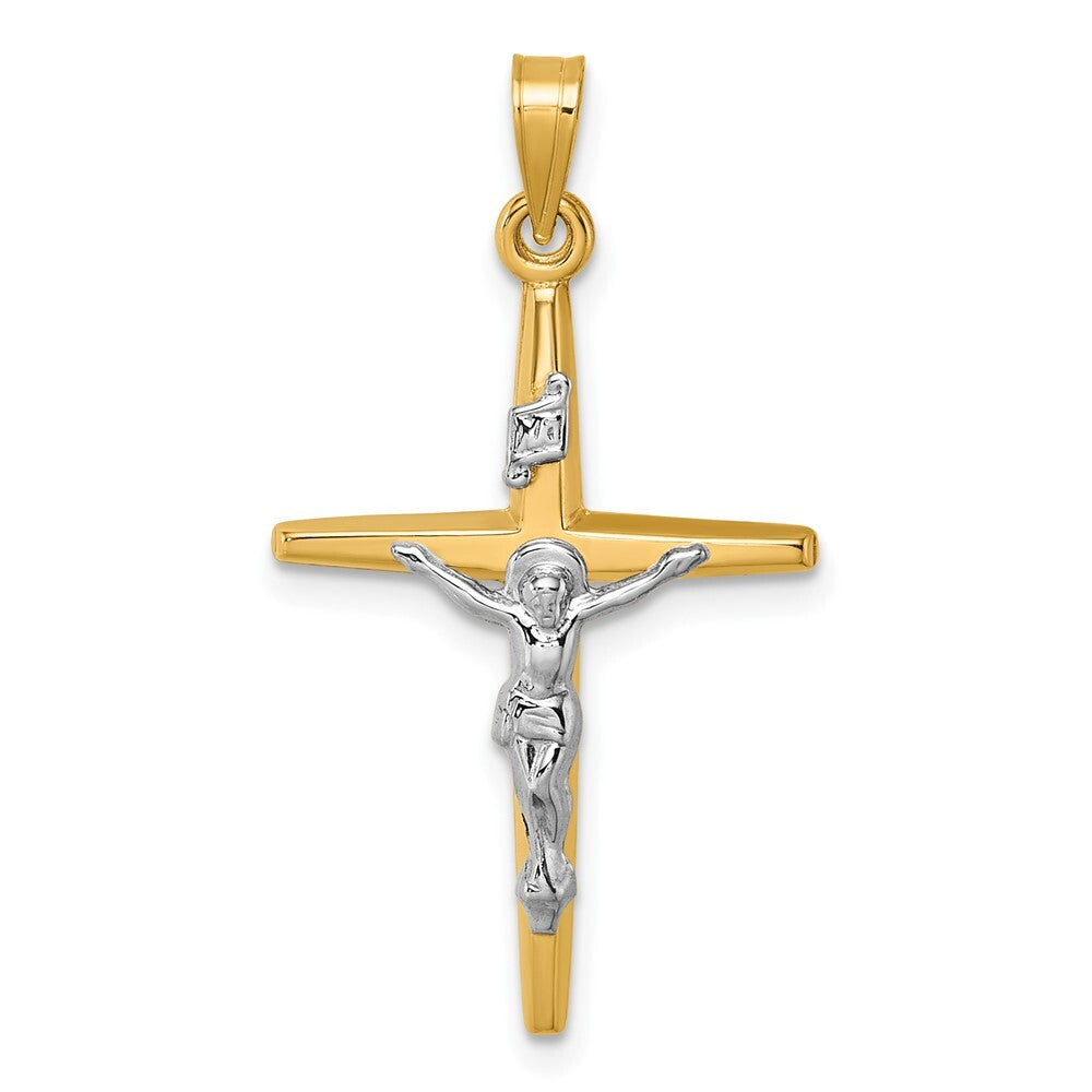 14k Yellow Gold with White Rhodium Polished INRI Crucifix Cross Pendant