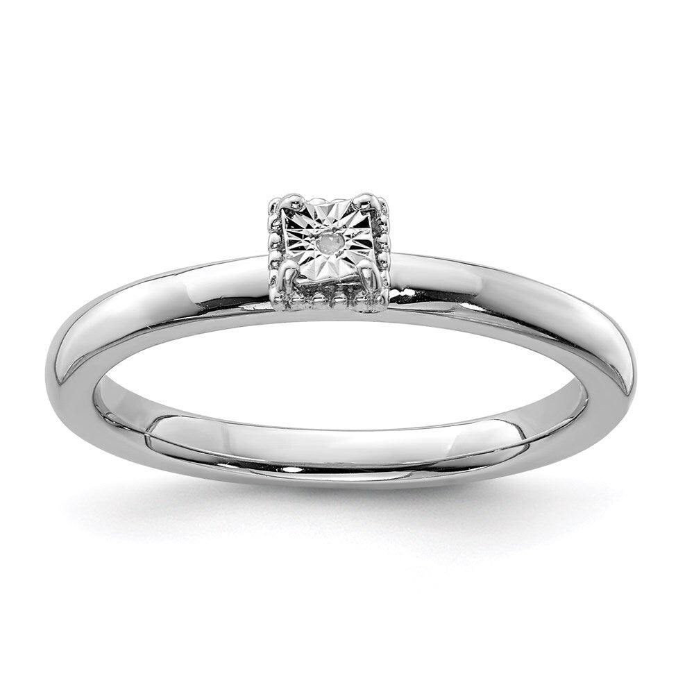 Sterling Silver Rhodium Plated Polished Diamond Square Shape Ring Size 8