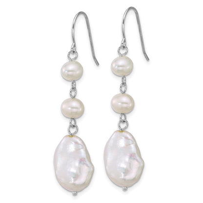 Sterling Silver White Semi-Round Culture Pearl Shepherd Hook Dangle Earrings
