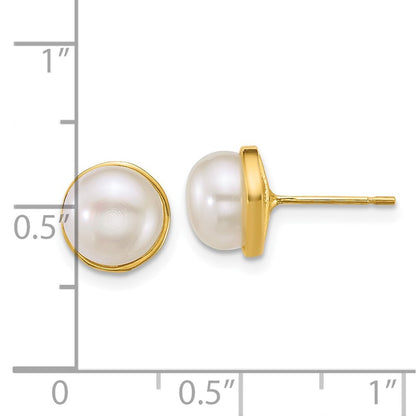 14k Yellow Gold Polished 8mm Button Freshwater Cultured Pearl Stud Earrings