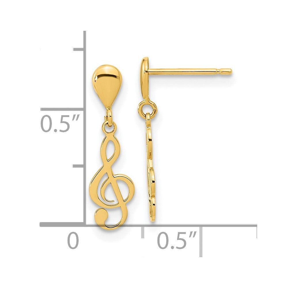 14k Yellow Gold Polished Treble Clef Dangle Earrings Gift for Women